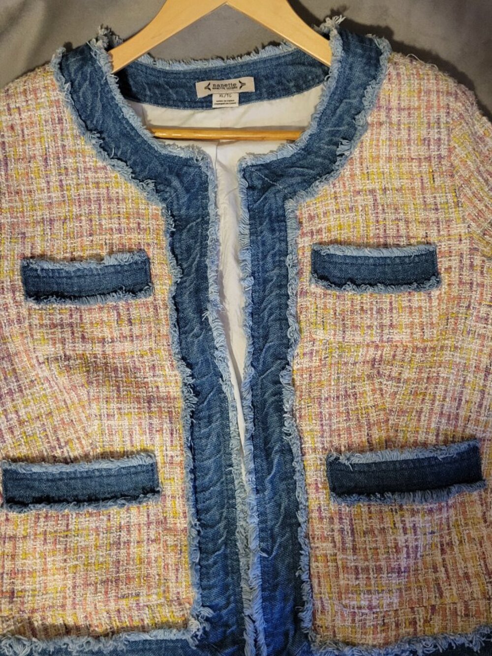 Nanette Lepore Pink Multi Sequin Denim Fringe Lined Open Blazer Women XL NWT - Picture 6 of 14